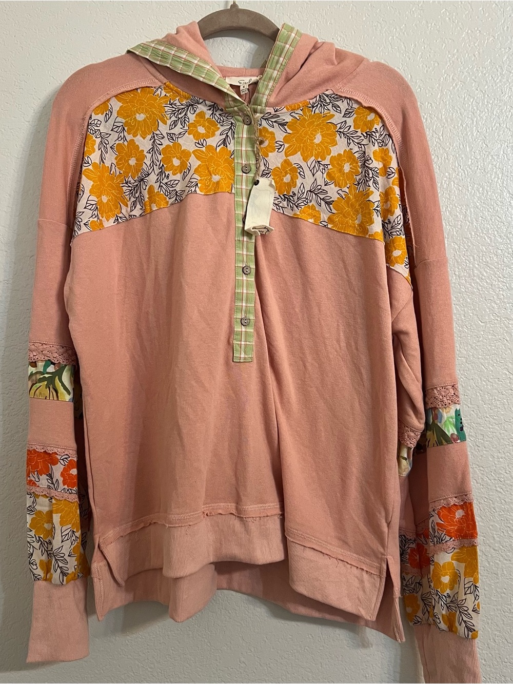 easel patchwork boho sweater Hooded Pullover Floral prairie cottagecore blouse - Picture 11 of 12